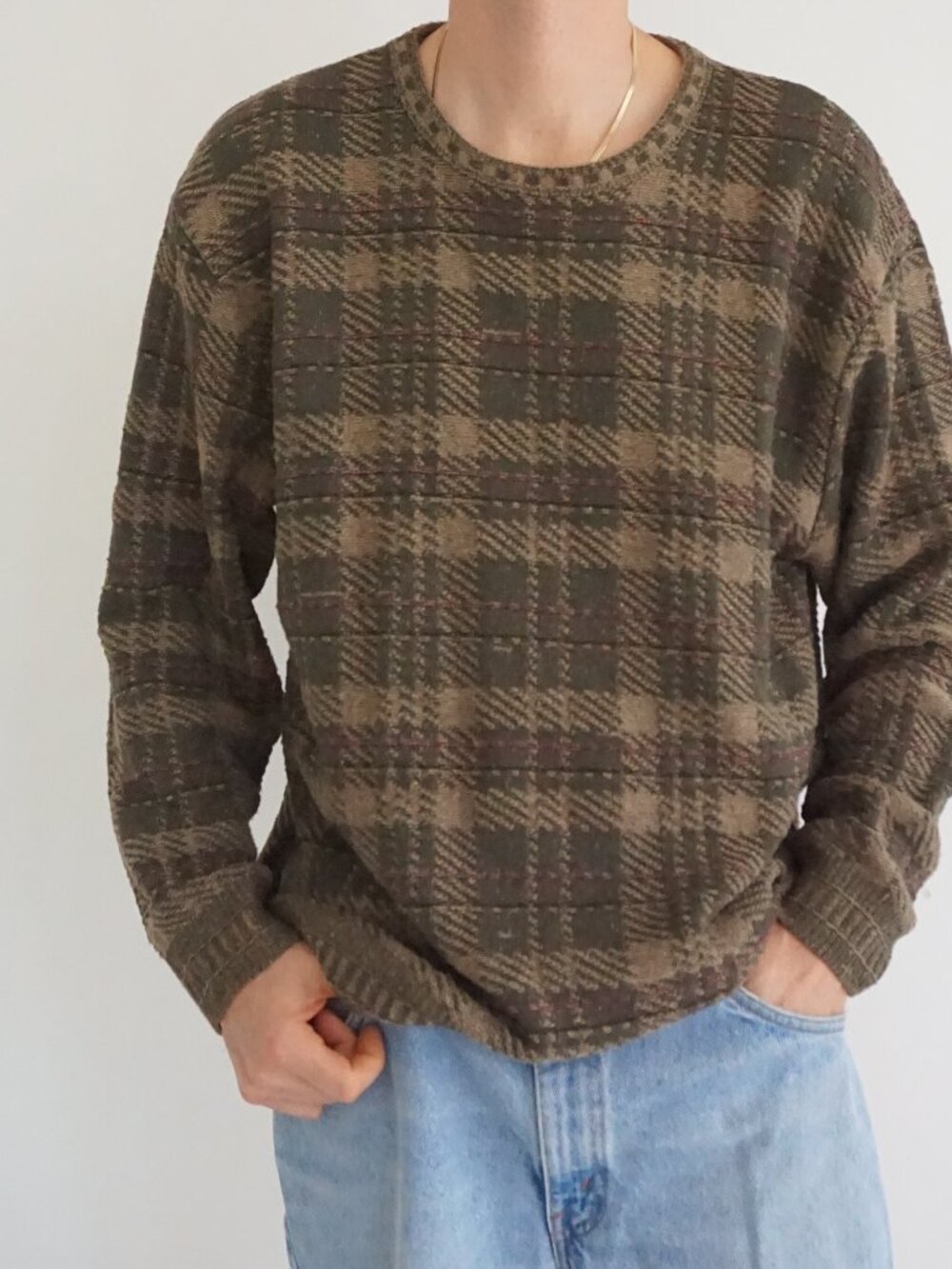 Northern Elements Brown Olive Burgundy Plaid Outdoor Country Casual Sweater M